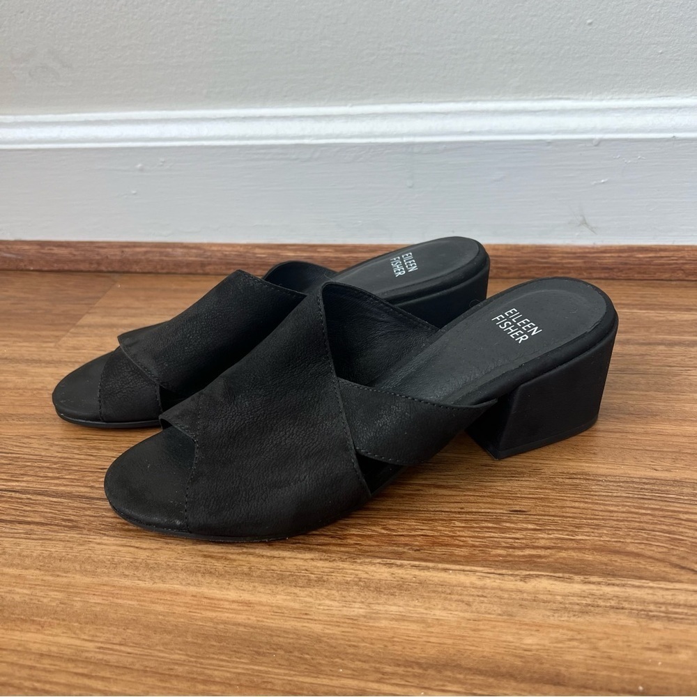Eileen Fisher Haven Slide Sandals Black Tumbled Nubuck Leather